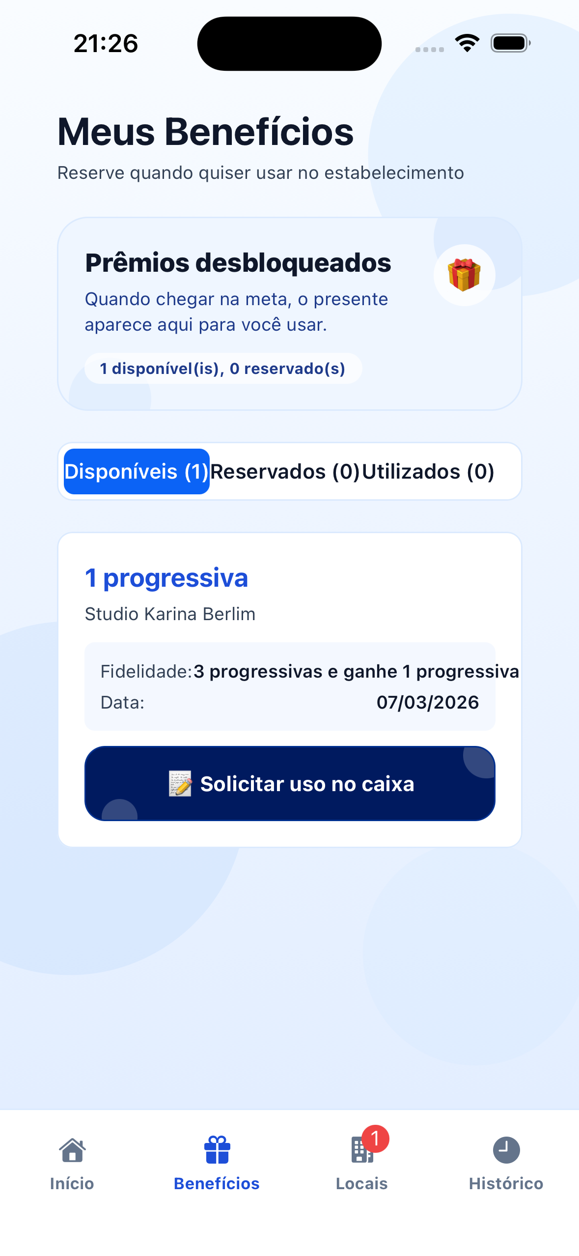 Tela de benefícios do app do cliente