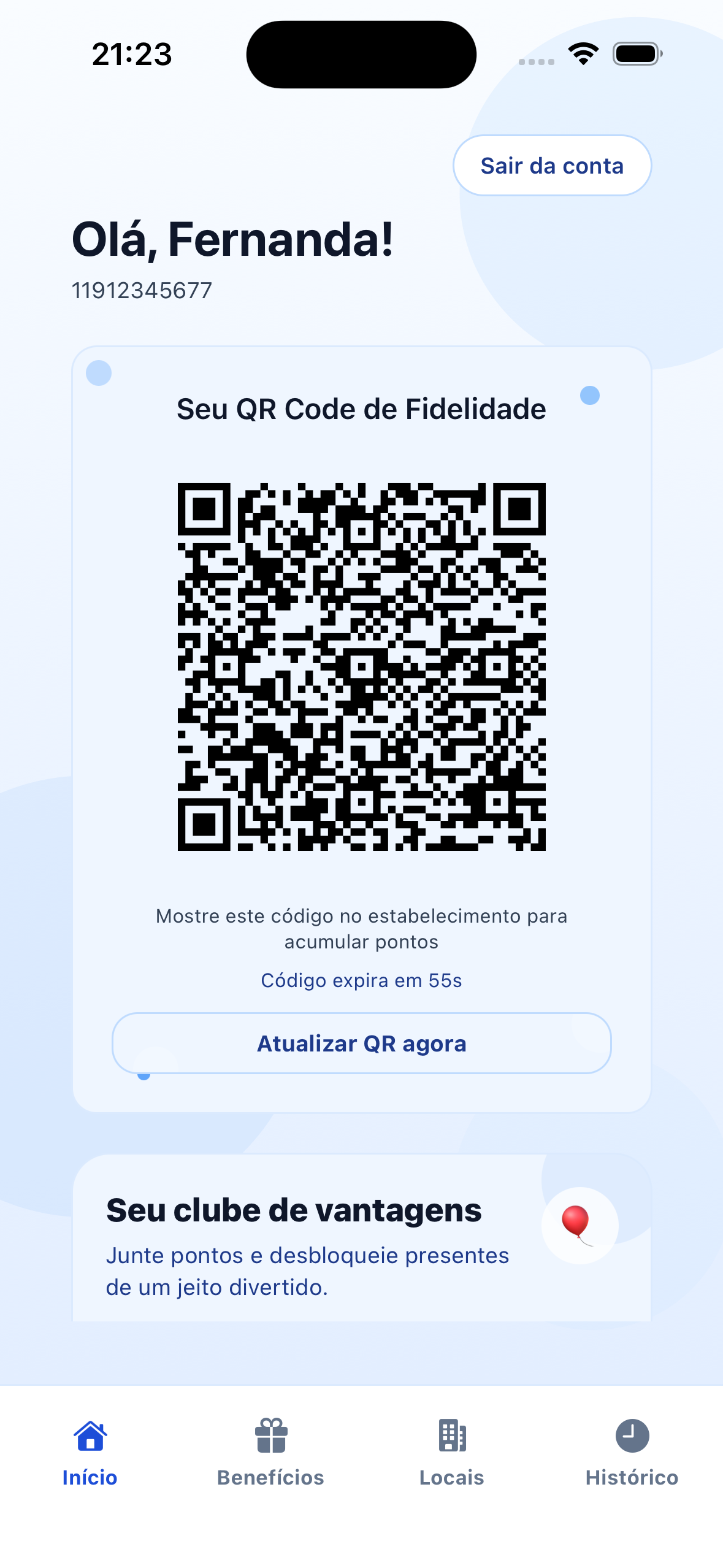 Tela inicial do cliente com QR Code e clube de vantagens