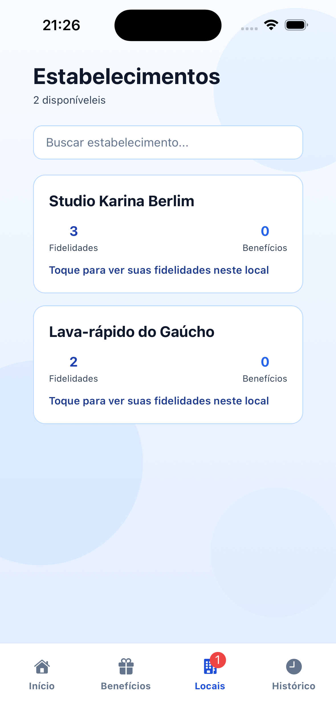 Tela de locais com estabelecimentos disponíveis no app