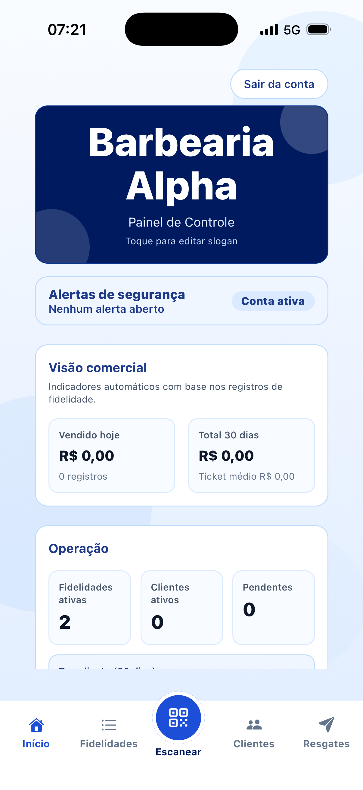 Tela inicial da barbearia no painel