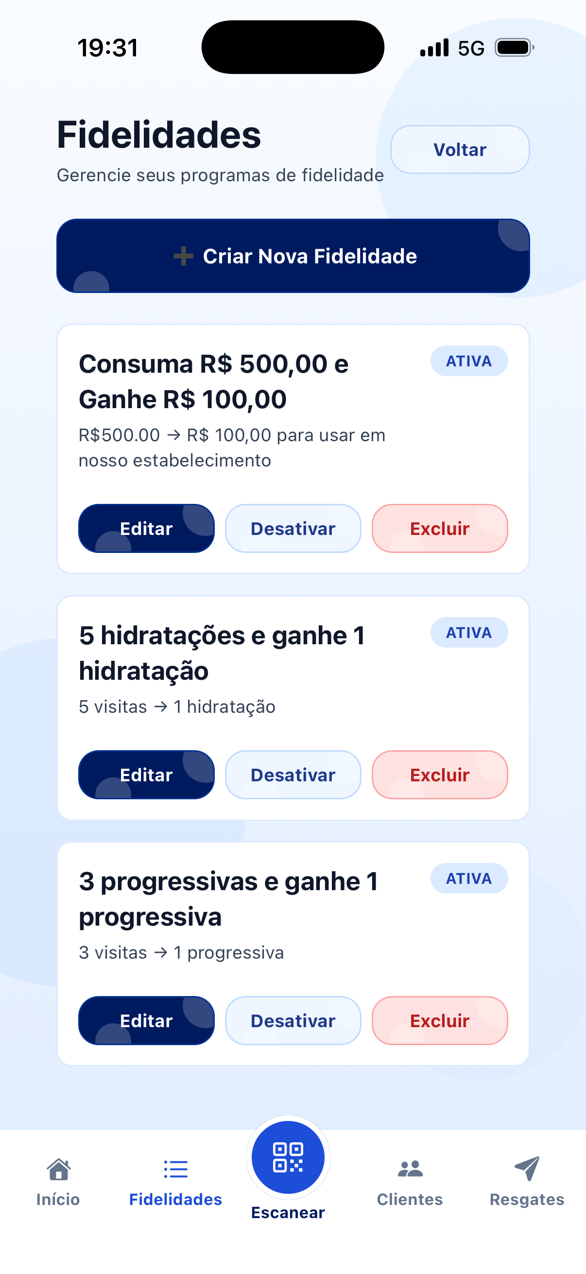 Tela de fidelidades do app Volta Aqui