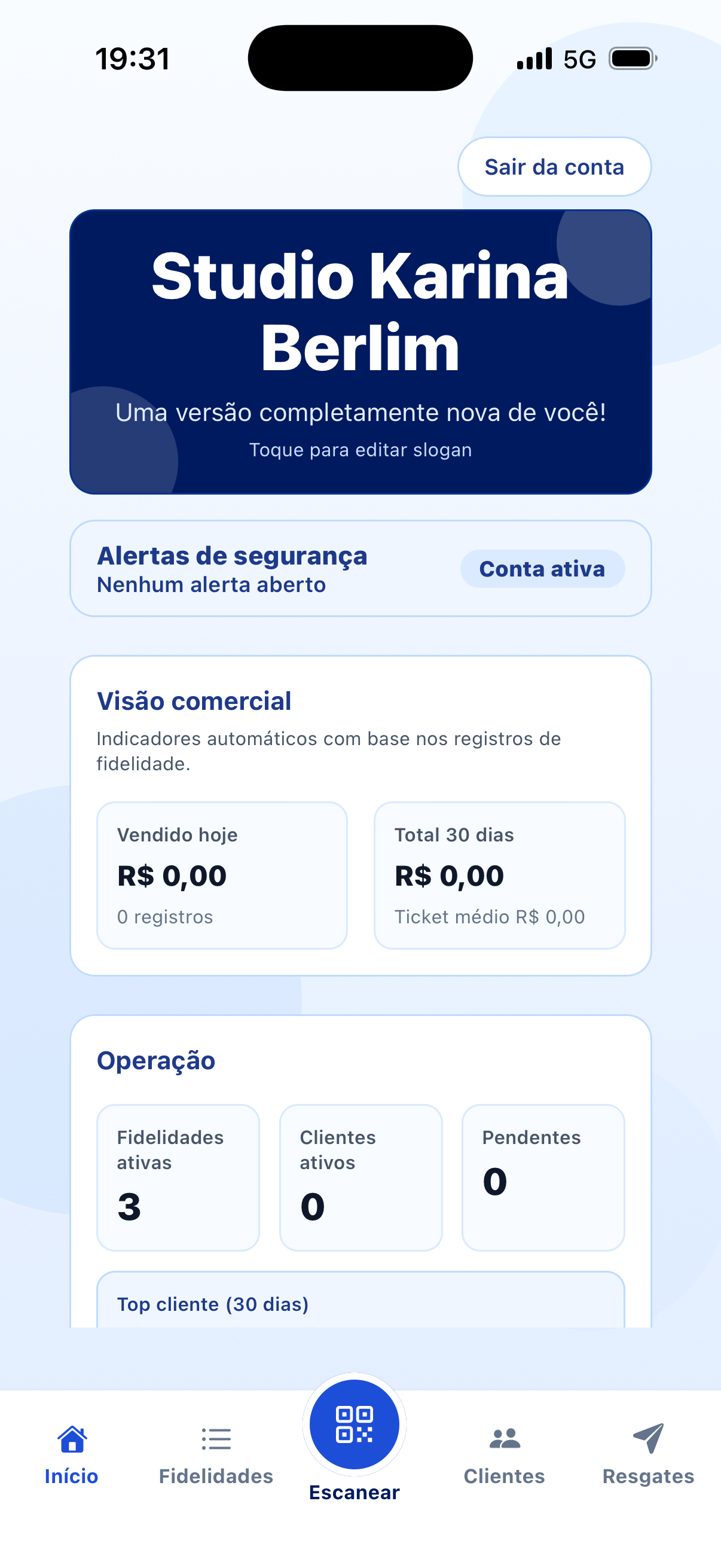 Tela inicial de operação do cabeleireiro