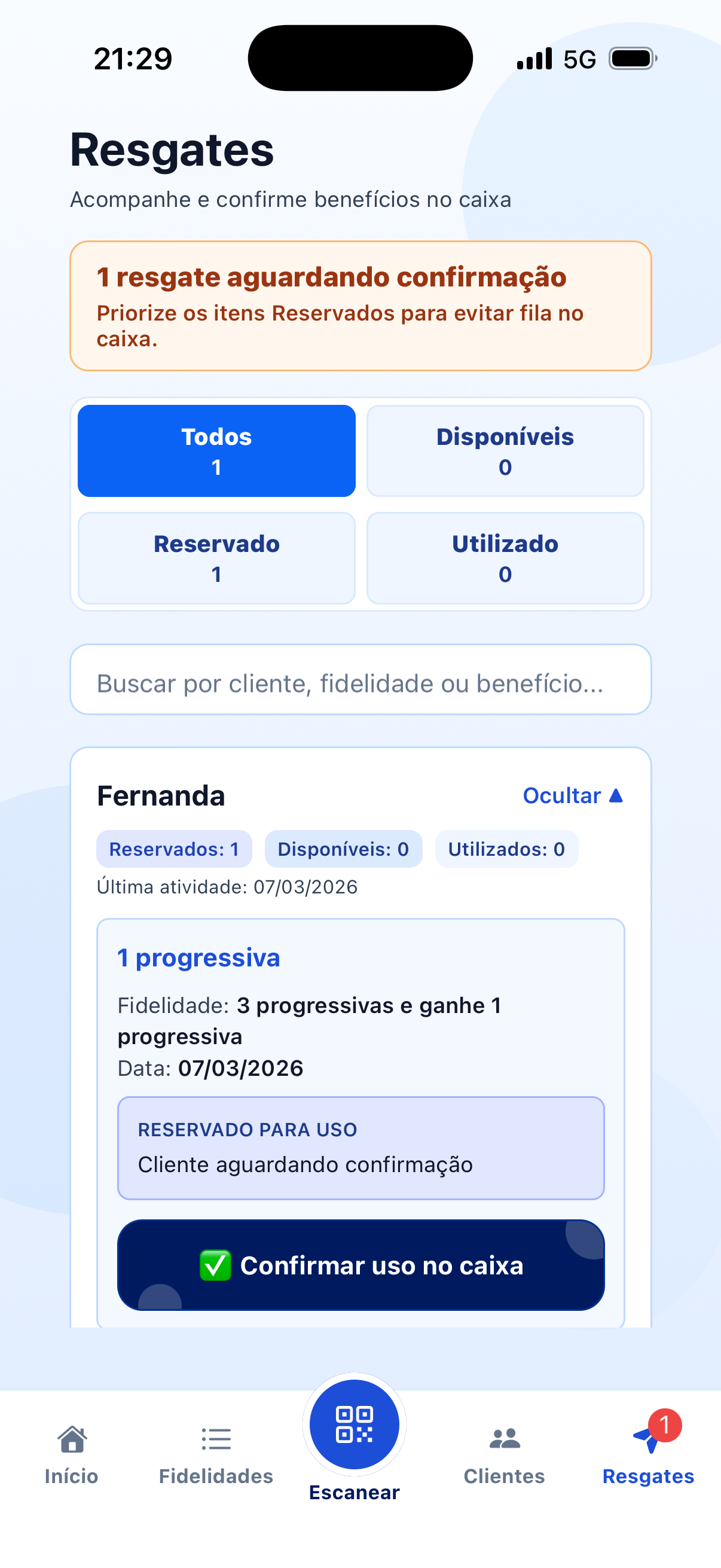 Tela de resgates no caixa do cabeleireiro