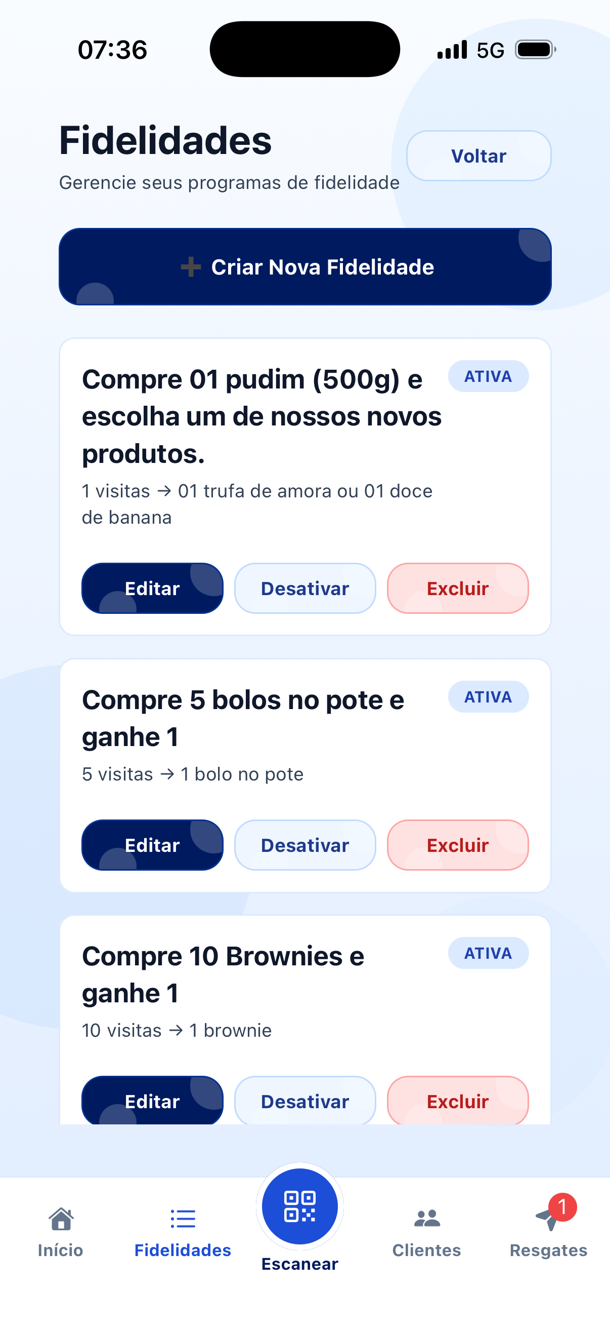 Tela de fidelidades da doceria no painel