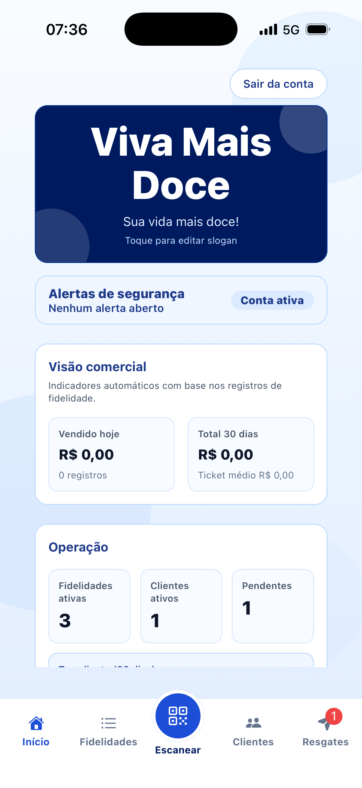 Tela inicial da doceria no painel