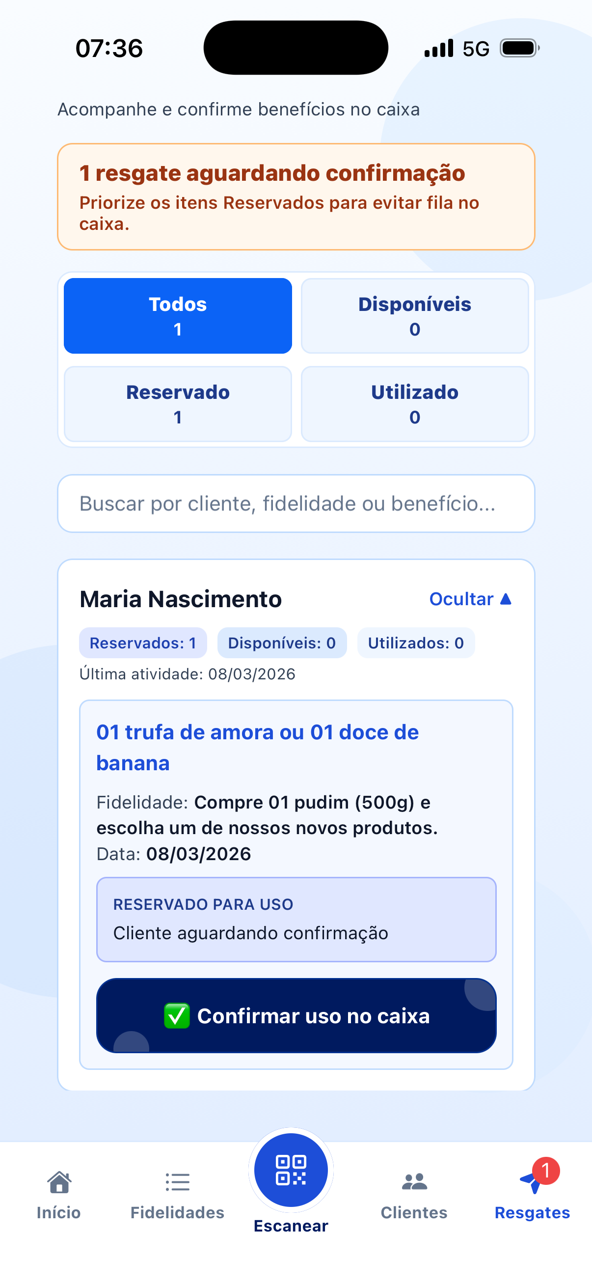 Tela de resgates da doceria no caixa