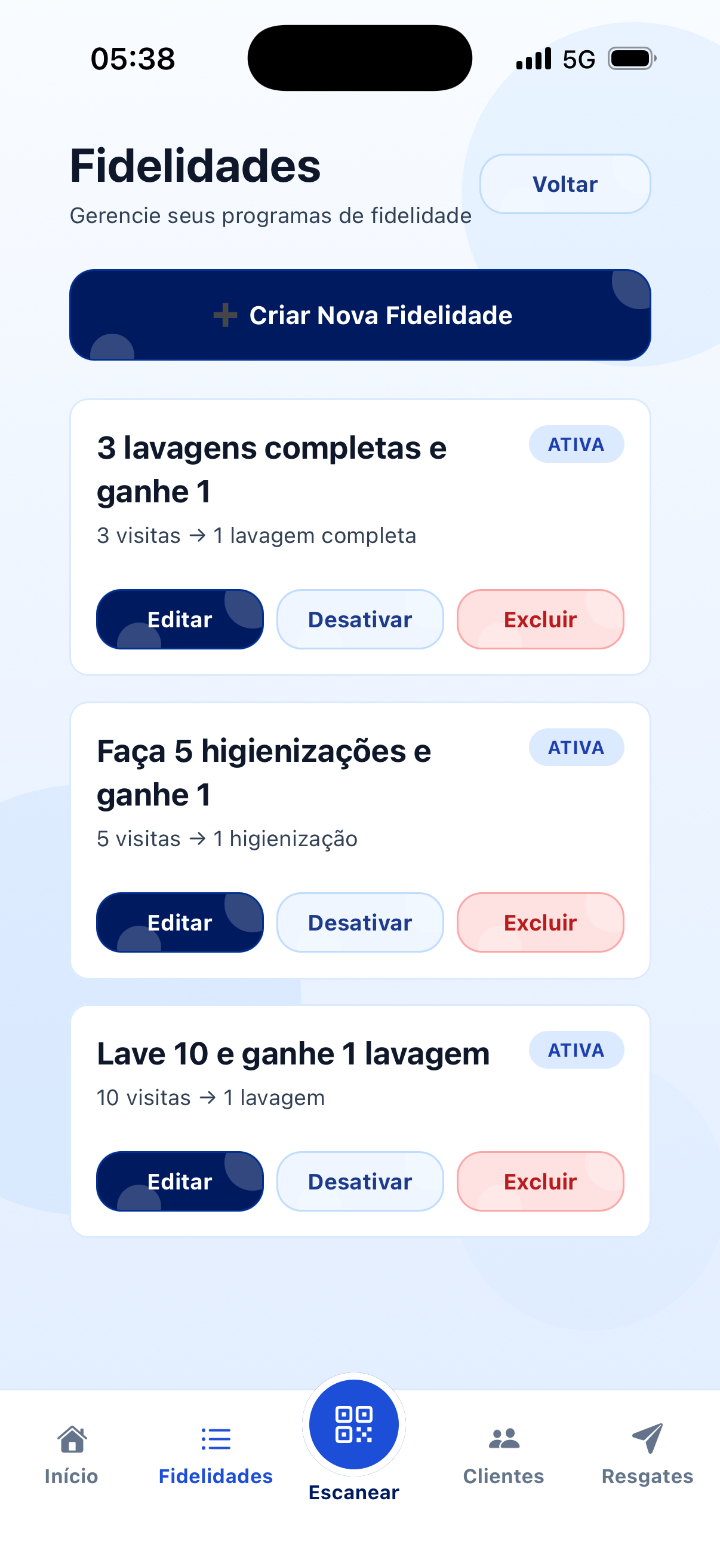 Tela de fidelidades do lava-rápido no painel