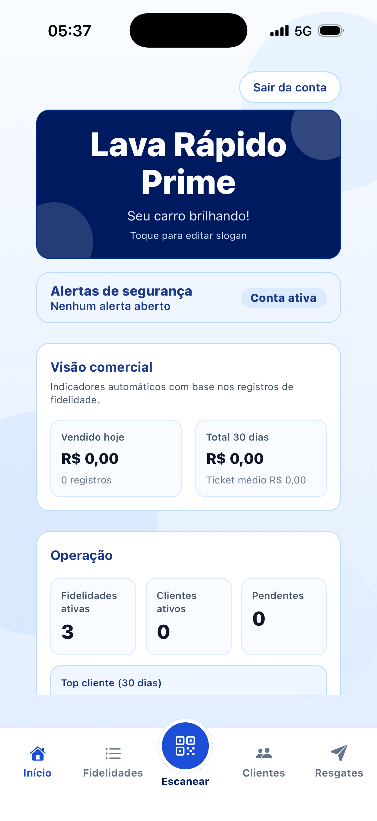 Tela inicial do lava-rápido no painel