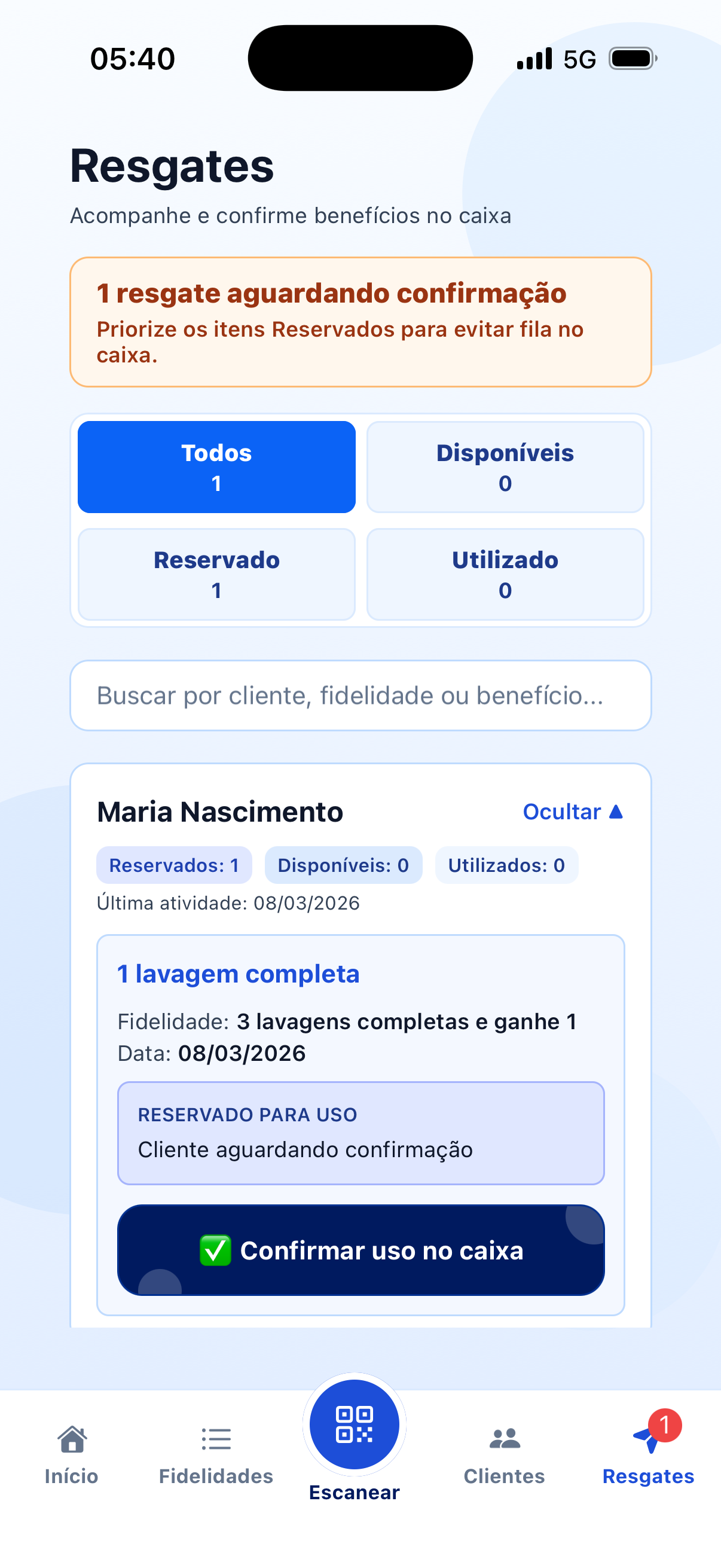 Tela de resgates do lava-rápido no caixa