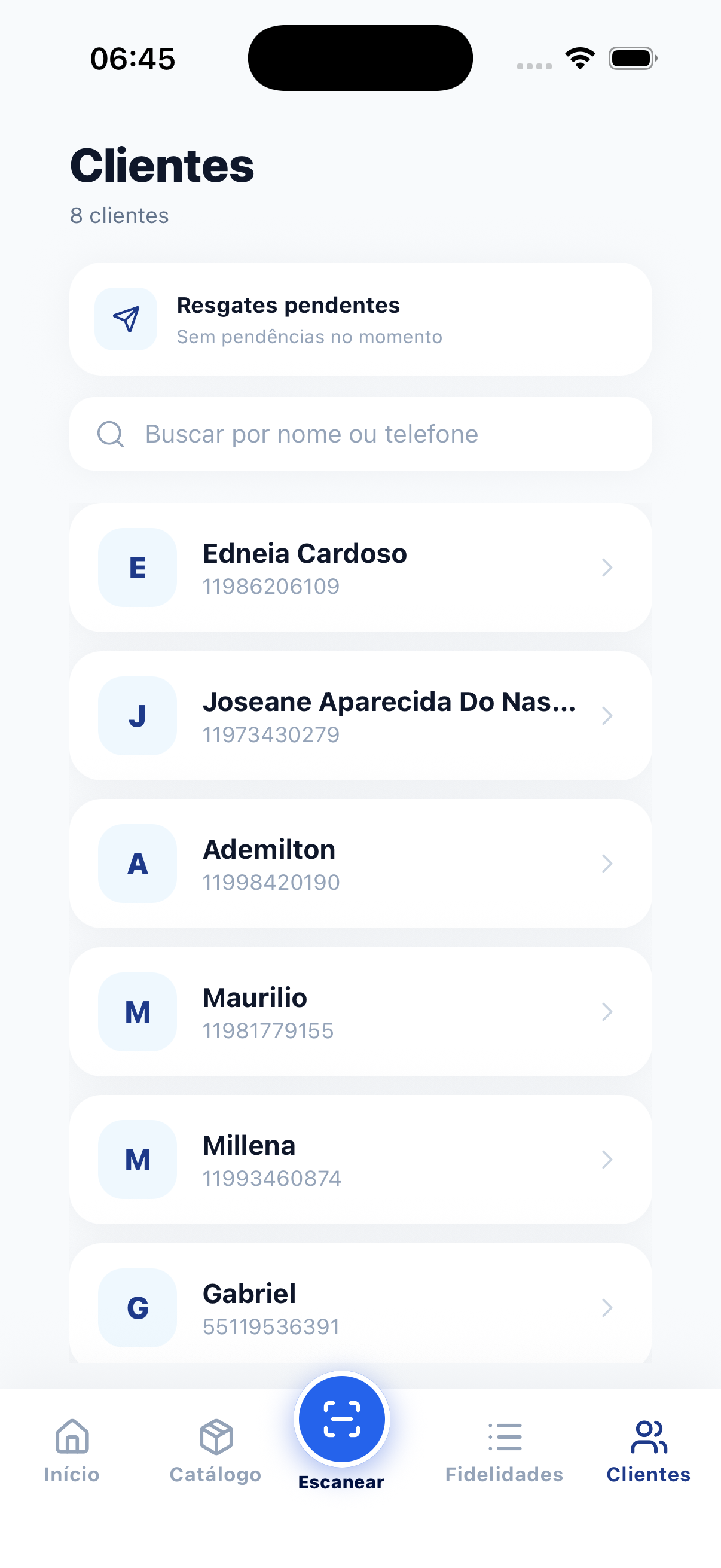 Lista de clientes do estabelecimento